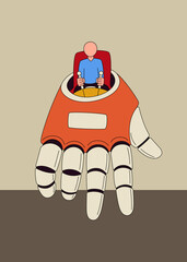 A person operating a giant robotic hand from a cockpit, symbolizing advanced technology control