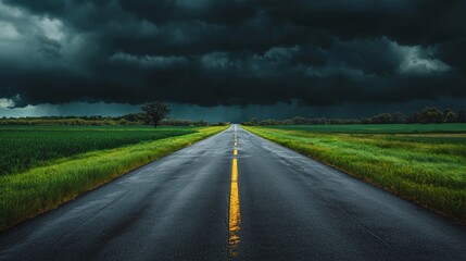 Fototapeta premium The horizon stretches out before a long road set against a dramatic stormy backdrop, inspiring adventure