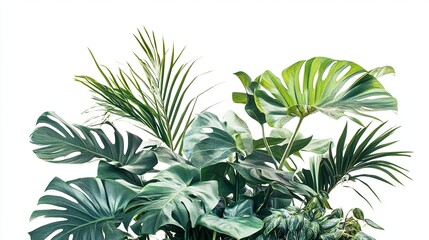 Lush green tropical foliage arrangement isolated on white background.