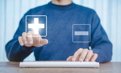 icon plus and minus, Compare positive and negative. The concept of decision-making is to select pros or cons in business, good vs bad. Select the plus symbol