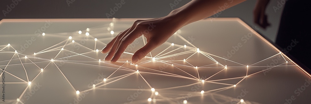 Poster the image of a woman's hand connecting with the metaverse universe signifies the convergence of data