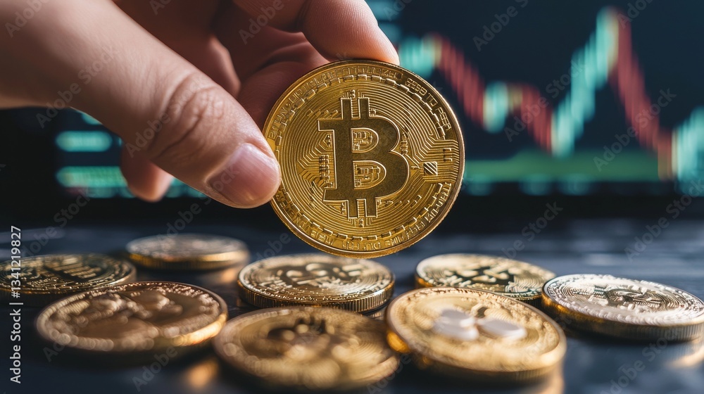 Poster bitcoin coin is held above a background that displays digital currency information through various g