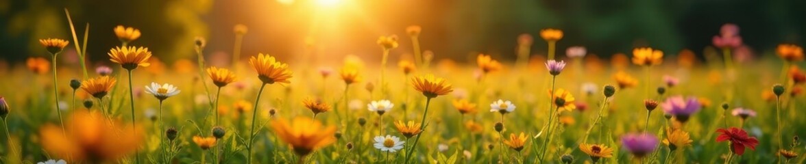 Obraz premium Golden hour light bathes vibrant wildflowers in a lush meadow , ecology, summer, countryside