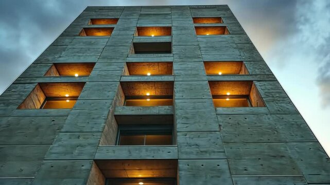 Concrete Skyscraper at Dusk: Architectural Marvel