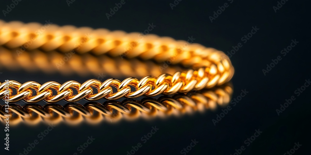 Poster a close-up of a golden chain reflecting on a dark surface, showcasing its intricate links and shine.