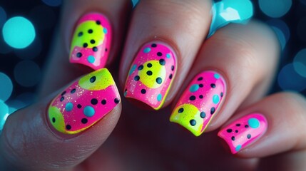 Colorful polka dot nails on hands, bokeh background