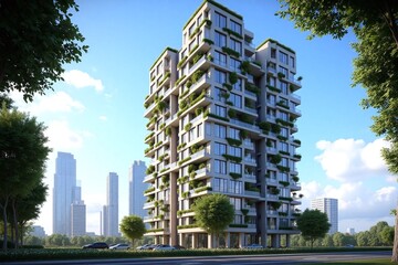 tall building with plants growing on the side of it
