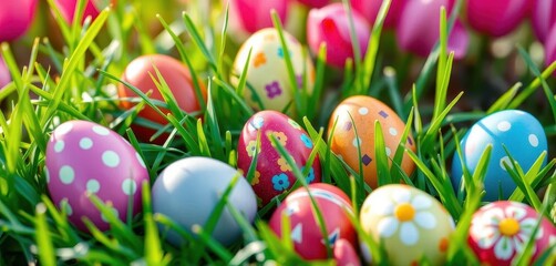 Fototapeta premium Colorful Easter eggs nestled in vibrant green spring grass, Easter, craft