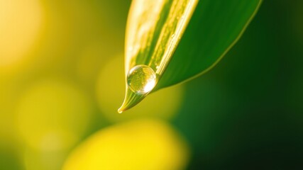 A single dewdrop clinging to a vibrant green leaf, illuminated by the warm morning sun