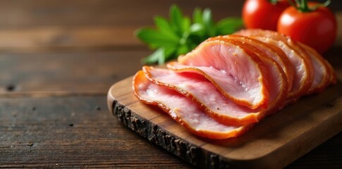 Golden smoked ham slices, wooden board, ample space , appetizer, wooden table