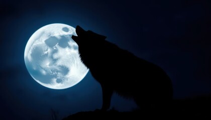 Howling wolf silhouetted against a full moon, dramatic night scene, nocturnal, nature