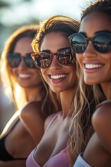 Naklejka premium Three smiling women in sunglasses pose together outdoors, radiating joy and summer vibes in a casual, beach-like setting.