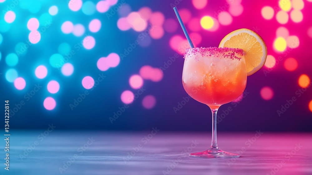 Poster a vibrant cocktail with a lemon slice and colorful bokeh background, creating a festive and refreshi