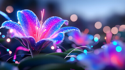 Enormous Glowing Purple And Blue Fantasy Flower In Dark Jungle