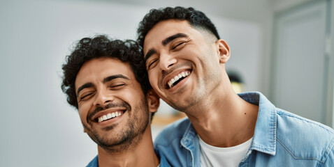 Obraz premium Joyful hispanic young adult males smiling together in casual attire