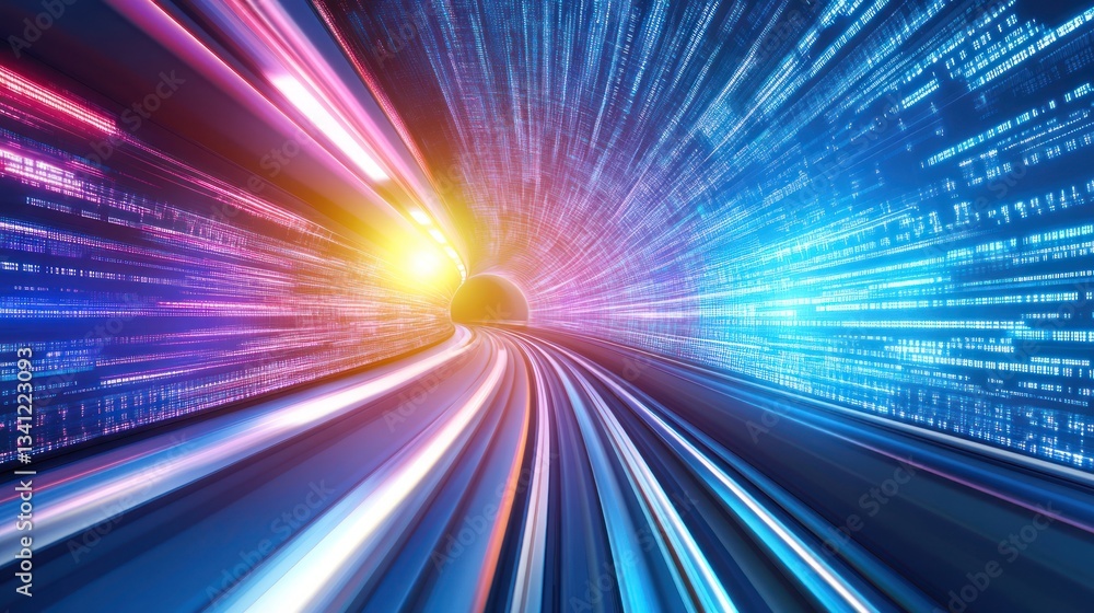 Wall mural abstract tunnel of digital data streams moving at high speed, showcasing futuristic technology and d