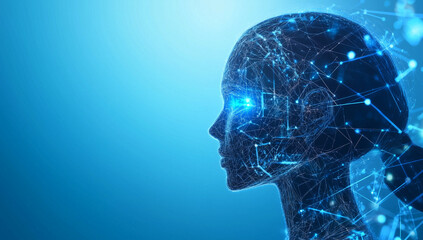 Futuristic female cyborg profile with digital data overlays in a neon-lit urban environment, representing AI technology and human-robot interaction in a high-tech cityscape.