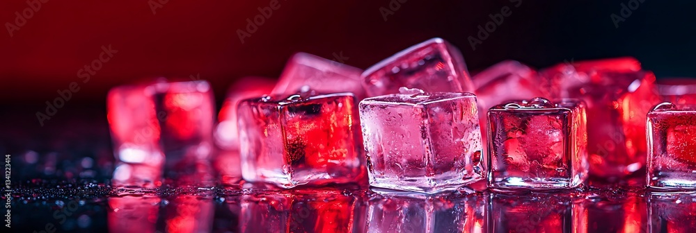 Poster a close-up image of vibrant red ice cubes glistening on a dark surface, creating an appealing contra