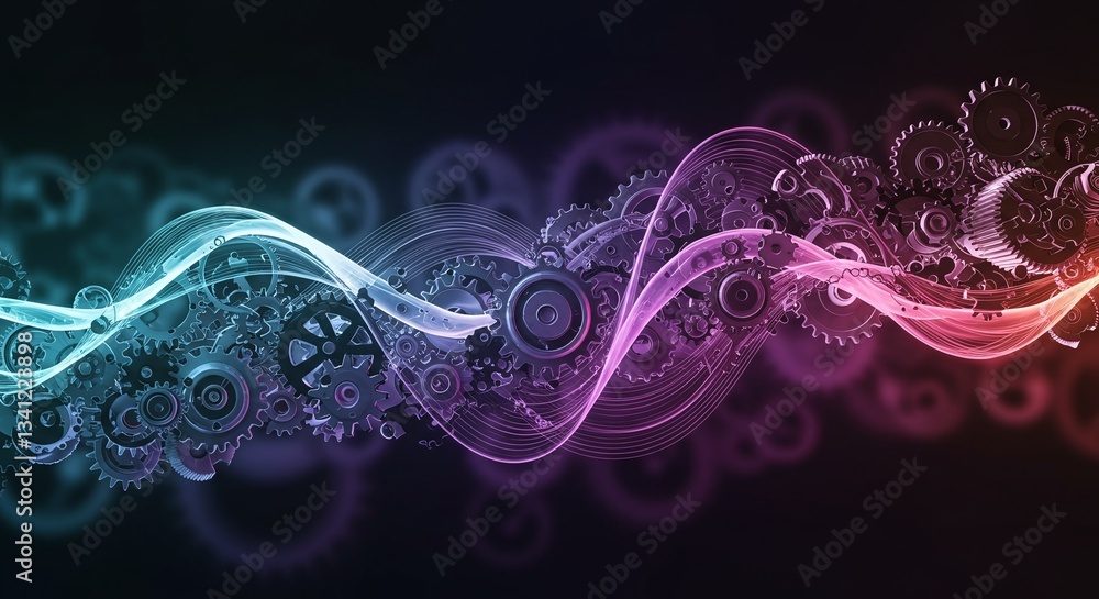 Poster mechanical symphony: an abstract, mesmerizing visual of intricate gears, interwoven with flowing wav