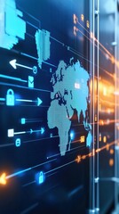 Fototapeta premium Futuristic Digital World Map with Data Connections and Icons
