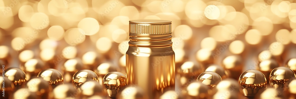 Poster a golden bottle surrounded by shimmering spheres, creating a luxurious and festive atmosphere with a