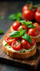Juicy tomatoes and fresh basil atop toasted bread, vibrant colors, summer food
