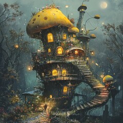 Mushroom House Fantasy Forest at Night