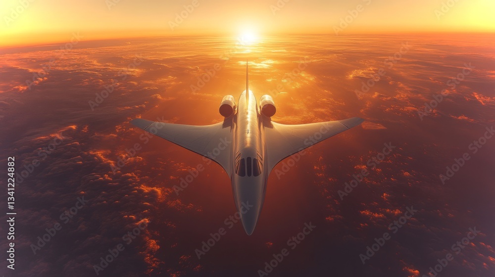 Poster an airlaunch spaceplane soars high above the clouds at sunrise, demonstrating cutting edge aerospace
