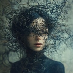 Fototapeta premium Woman veiled in dark branches, ethereal portrait