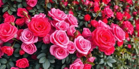 Obraz premium Vibrant pink and red roses create a lush floral wall backdrop, wedding, lush