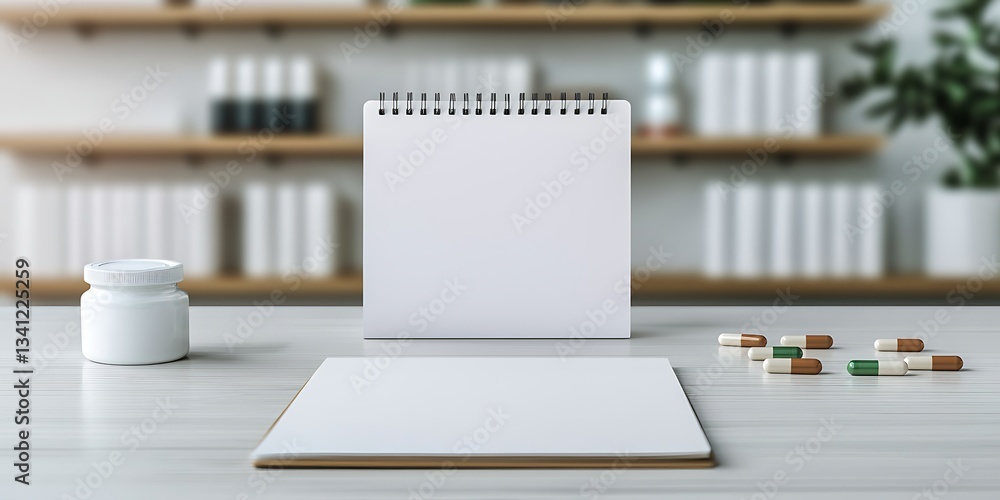 Poster a minimalist workspace featuring a blank notepad, an open spiral notebook, a pill bottle, and scatte