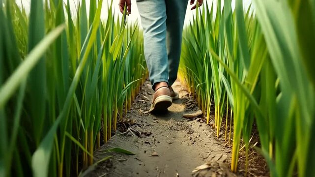 Farmer's Footsteps:  Walking a Young Wheat Field Row