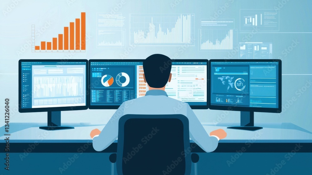 Poster data analyst at work with multiple monitors and graphs displayed