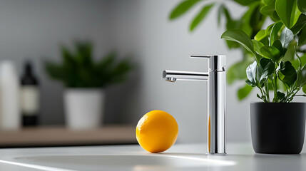 Modern Chrome Faucet with Lemon and Plants on White Kitchen Sink