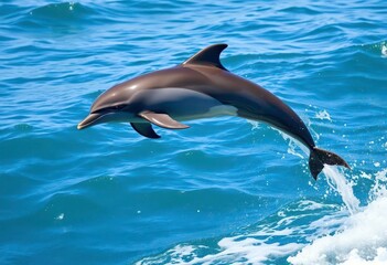 Fototapeta premium Adult bottlenose dolphin leaps gracefully from ocean waves, bottlenose dolphin, sunshine