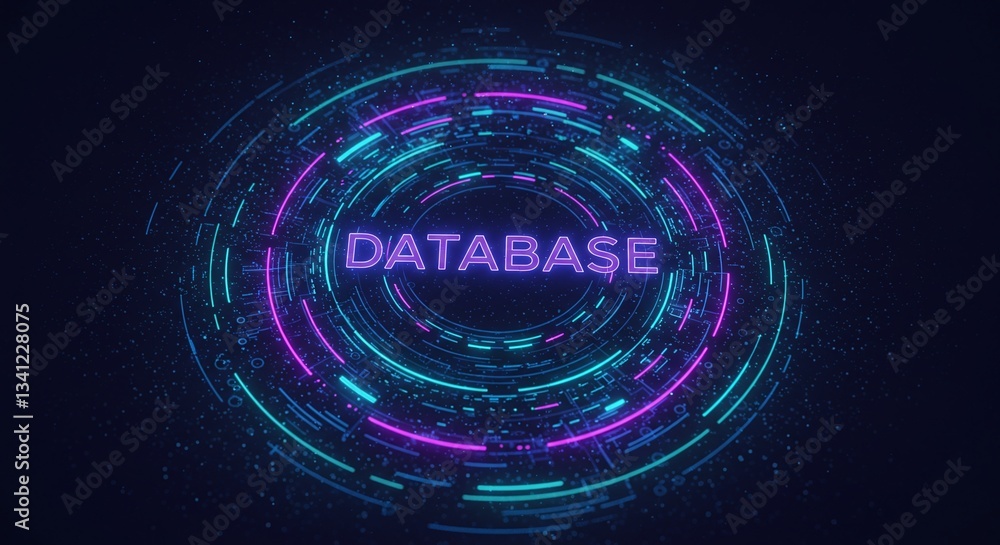 Poster digital database: high-tech digital database concept, data protection, with a neon-lit circular desi