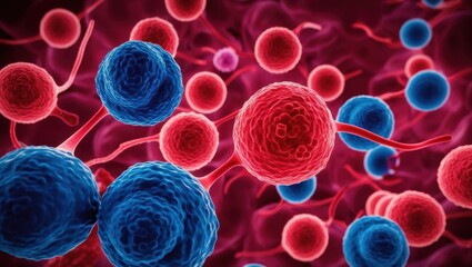 A vibrant illustration of cells, showcasing red and blue structures against a dark background, highlighting biological processes at the microscopic level.