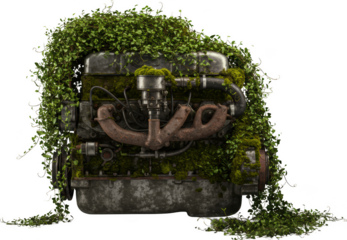 Overgrown Vintage Engine Block Nature Reclaims Rusty Metal Parts Moss and Vines Cover Old Car Motor