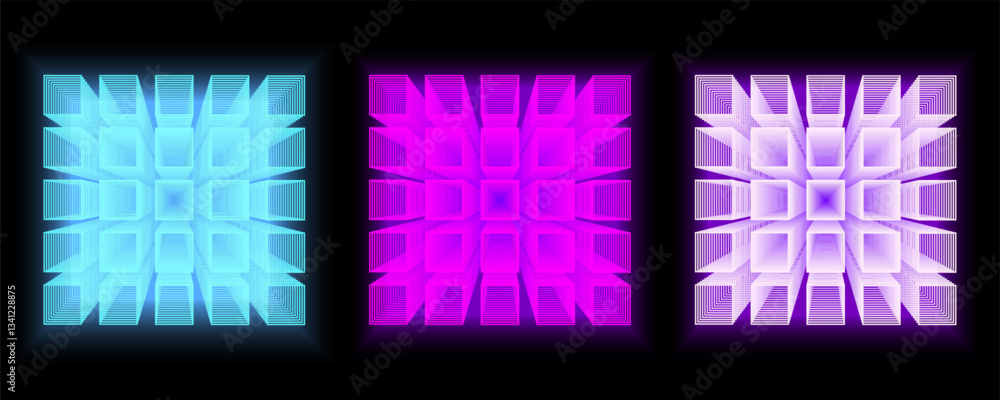 Poster futuristic abstract design with glowing neon cube patterns set. the geometric high-tech aesthetic is
