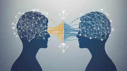 Two silhouetted heads connected by neural networks, symbolizing communication and knowledge exchange. image uses abstract lines and nodes to represent data flow and information sharing