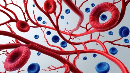 A detailed illustration of red blood cells and blue plasma within blood vessels, showcasing the complexity of human circulatory systems.