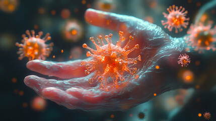 Visual representation of a virus in a hand demonstrating the concept of contagion and infection risk