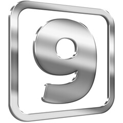 Number Nine 3D icon with silver metallic effect in a square with modern design