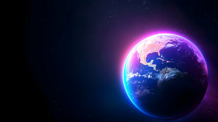 Obraz premium Futuristic Hologram Earth Day Poster: Pixelated Earth Glowing with Pink and Purple Hues in Dark Space