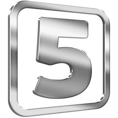 Number Five 3D icon with silver metallic effect in a square with modern design