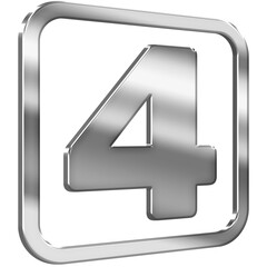 Number Four 3D icon with silver metallic effect in a square with modern design