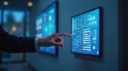 Hand extends to a digital interface with glowing blue and orange data visuals, sharp circuit patterns, against a dark muted background