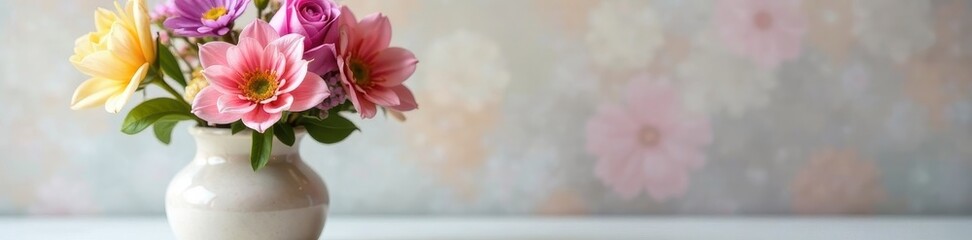 Fototapeta premium Pastel pink, purple, and yellow roses, lilies, and daisies in a ceramic vase , bouquet illustration, pastel flowers