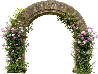 Stone Archway Entrance Overgrown with Blooming Pink and White Flowers Beautiful Garden Floral Arch