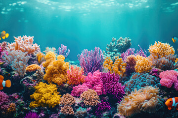 Fototapeta premium Vibrant coral reef teeming with life, showcasing diverse species and colors in a breathtaking underwater scene.